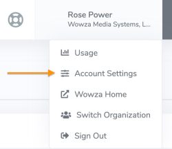 A screenshot of where to locate 'Account Settings' within Wowza Video