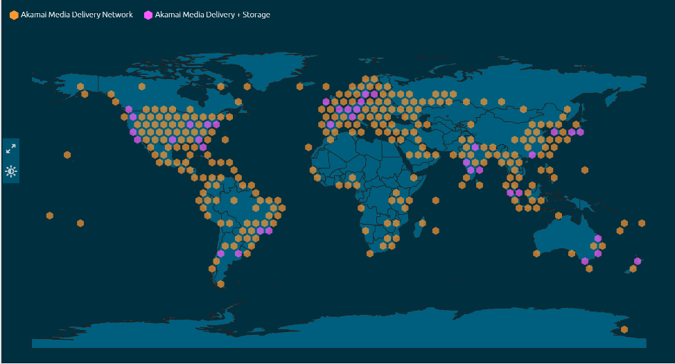 Akamai’s Media Delivery Network Map with delivery and storage resources available marked on a global map.