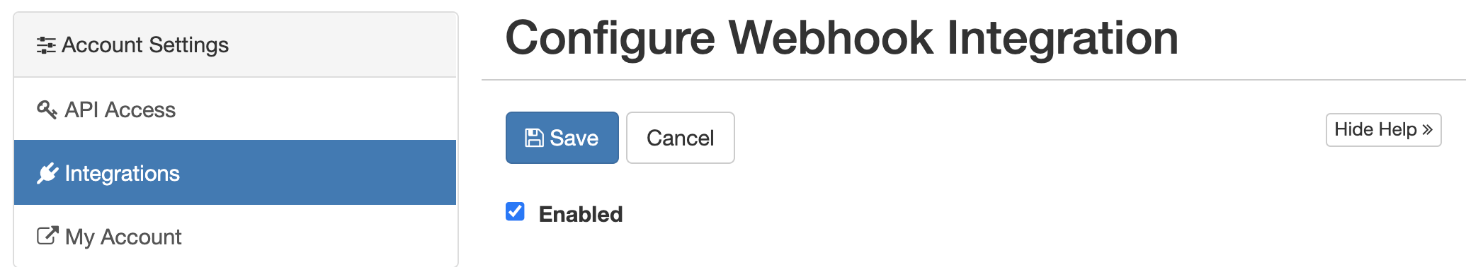 Another screenshot of the integration page in Wowza Streaming Cloud for enabling Webhooks.