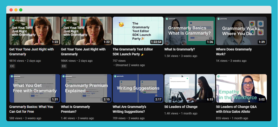 A screenshot of Grammarly's YouTube channel.