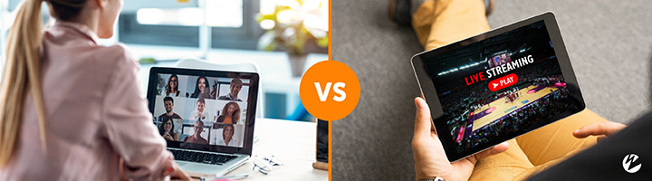 An image of a woman participating in a video conference call juxtaposed next to one of a person watching a live sports stream on their tablet.