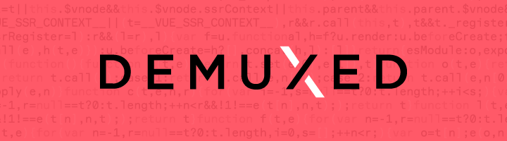 A pink background with code and the Demuxed logo.