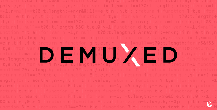 Pink background with code and the Demuxed logo.