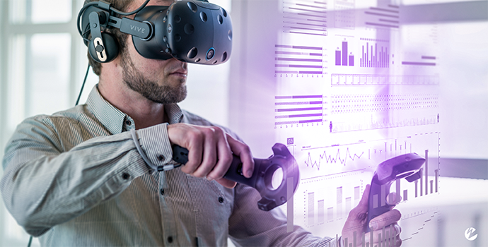 A man using VR to view an analytic overlay. 