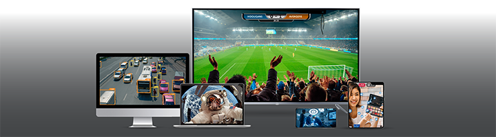 Different screens with different streaming broadcasts on them, including a desktop computer with traffic surveillance, a smart TV with a live sports broadcast, and a tabled with an interactive e-commerce stream.