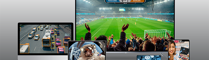 Several screens showing different video applications including traffic monitoring, space exploration, live sports broadcasting, medical streaming, and live commerce.
