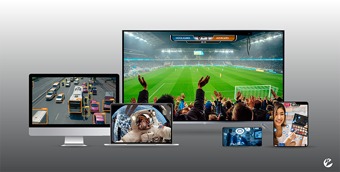 Several screens showing different video applications including traffic monitoring, space exploration, live sports broadcasting, medical streaming, and live commerce.