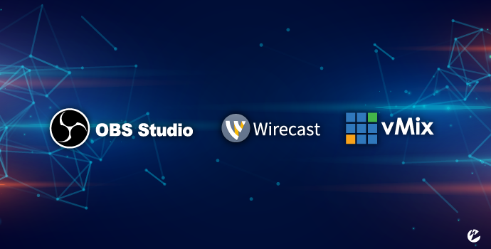 The OBS logo, Wirecast logo, and vMix logo.