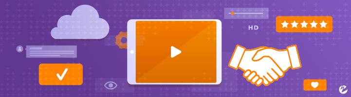 A collection of icons on a purple background, including a cloud, a tablet with a video play button, two hand shaking, a five-star rating, and a user comment box.