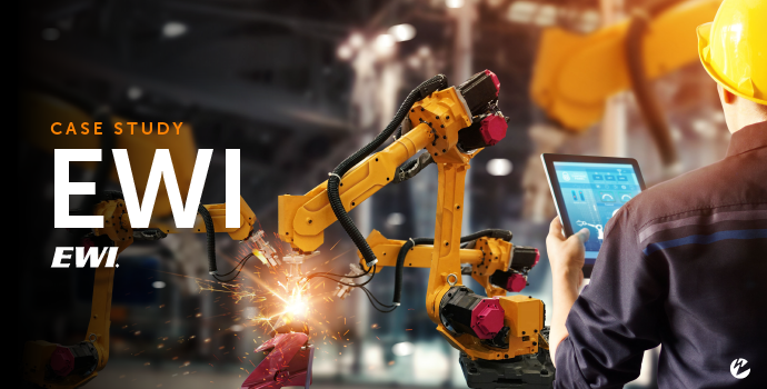 Worker on-site in a manufacturing setting next to a robotic welding machine, holding a tablet. Image is overlaid with title, case study: EWI.