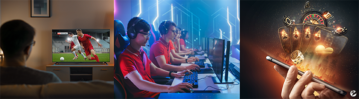 Three different use cases are depicted that require low latency: a person watching a live sports game, egamers using streaming to compete, and live betting via virtual gambling services.