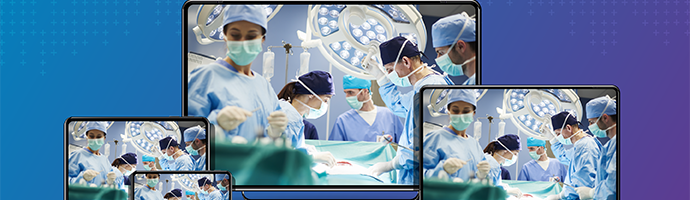 Live video stream from an operating room (OR) showing five doctors conducting surgery, displayed across several different devices (mobile, tablet, desktop, laptop).