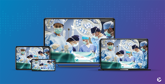 Live video stream from an operating room (OR) showing five doctors conducting surgery, displayed across several different devices (mobile, tablet, desktop, laptop).