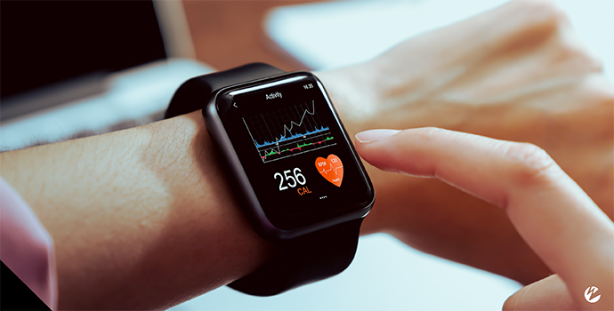 A smart wristband depicting health metrics such as heart rate, calories burned, and activity levels.