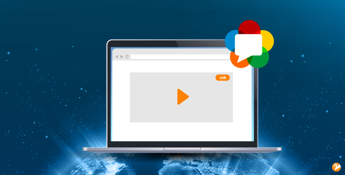 A laptop open to a browser with a play button and the WebRTC logo in front of a graphic representing the world.
