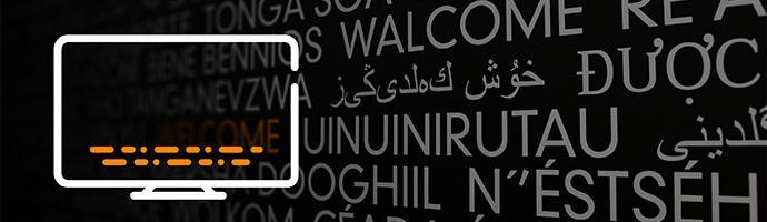 An icon of a monitor with closed captioning and a background image with multilingual translations of the word welcome.