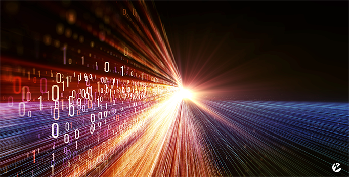 Graphic depicting a protocol as binary code moving down a stream of light 