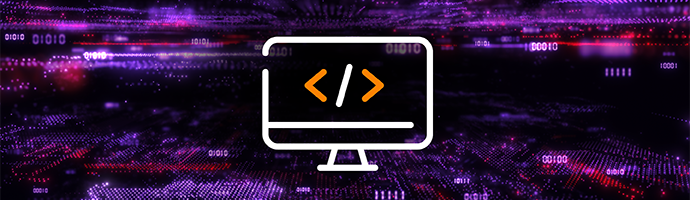 An icon showing a monitor with a code snippet in front of a binary background.