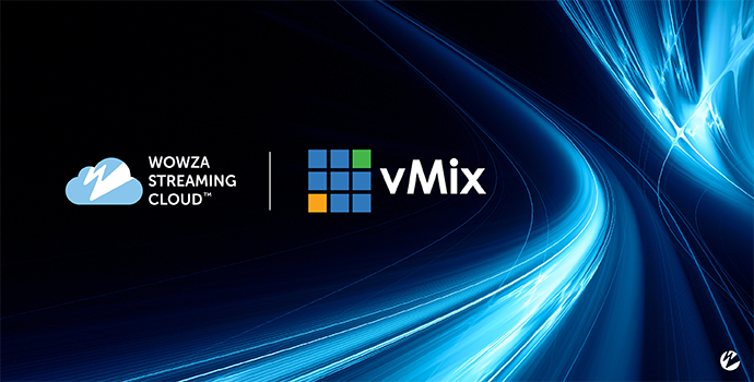Wowza Streaming Cloud logo and vMix logo with abstract graphics.