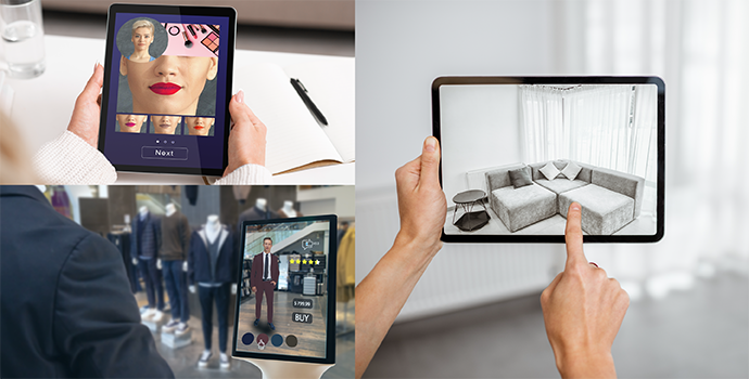 Different examples of shoppable video, including live makeup tutorials, AR furniture shopping, and AR fashion.