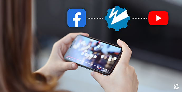 A person holding a mobile device showing a live stream on facebook, with a workflow showing the Wowza Streaming Engine icon distributing content to facebook and youtube simultaneously.
