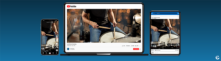 A live stream of a music event broadcasting simultaneously on YouTube, Facebook, and Instagram, as shown across a mobile device, laptop, and tablet.