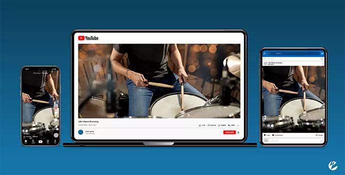 Close up of a man holding drum sticks depicted on multiple devices