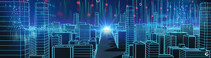 Animation of city skyline with digital interconnectivity