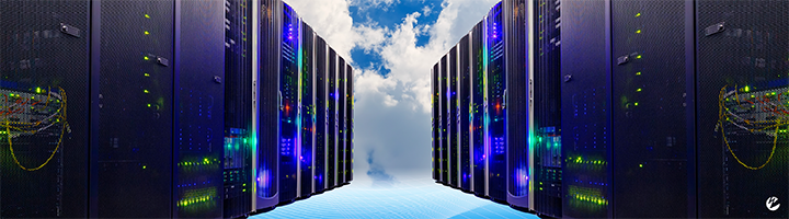 Server room with clouds in the background to represent cloud-based infrastructure deployments.