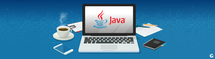 A laptop with the Java logo on it and a coffee, smartphone, and tablet next to it.