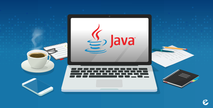 A laptop with the Java logo on it and a coffee, smartphone, and tablet next to it.
