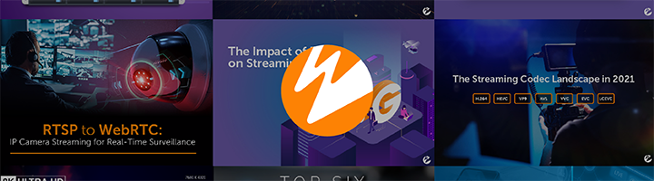 The Wowza logo in front of images from popular blogs published throughout 2021, including the streaming codec landcaps, %G's impact on streaming, and more. 