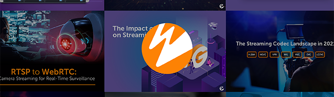 The Wowza logo in front of images from popular blogs published throughout 2021, including the streaming codec landcaps, %G's impact on streaming, and more.