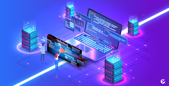 A graphic showing people accessing servers, video delivery systems, and computers using code in an animated cyber environment.