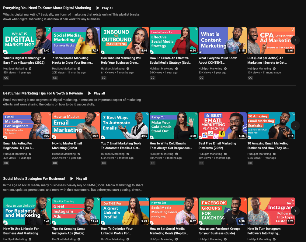 A screenshot of HubSpot's YouTube channel, showing a robust collection of how-to videos on social media, email marketing, and digital marketing.