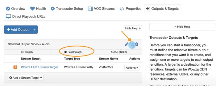 Screenshot showing where to located the passthrough transcoder and copy symbol in Wowza Streaming Cloud. 