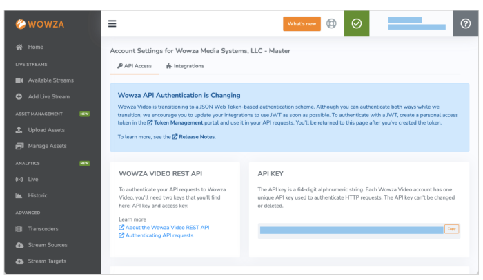 Screen shot of the Wowza Video Token Management portal.