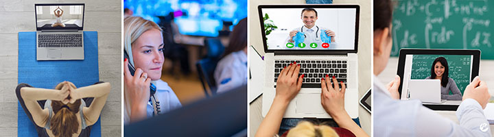 A multipanel image showing different use cases for video in business, including digital fitness, call centers, virtual healthcare, and remote learning. 