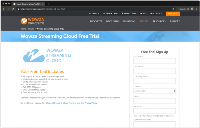 Screenshot: Wowza Streaming Cloud Free Trial Sign Up