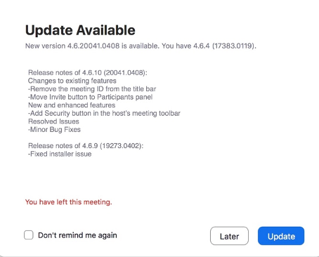 Zoom Update Available Pop Up