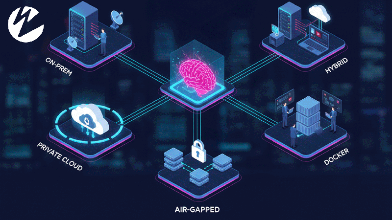 Graphic showing on-prem, hybrid, private cloud, docker, and air-gapped solutions
