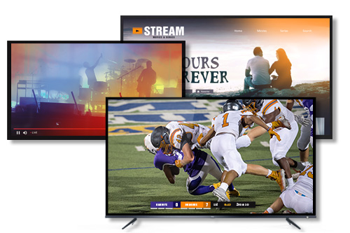 Several desktop computer screens with VOD content on display, including a movie, a recorded concert, and a football game.